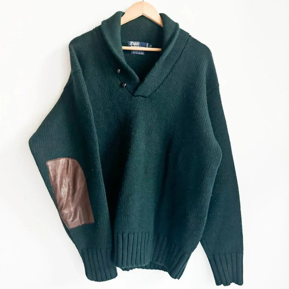 Vintage Polo Ralph Lauren Forest Green Wool Pullover with Leather Patches XL - Picture 3 of 10